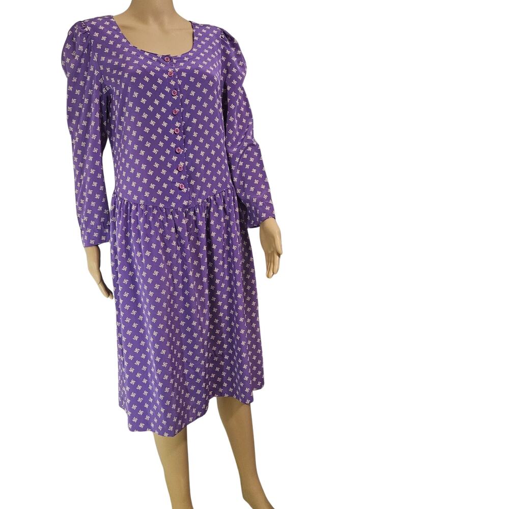 1990s Purple Puffy Sleeve Button Up Midi Drop Waist Dress Size 7/8 Petite